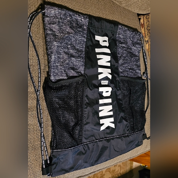 Victoria's Secret Pink Drawstring Backpack in Black Nylon EUC - Picture 7 of 7